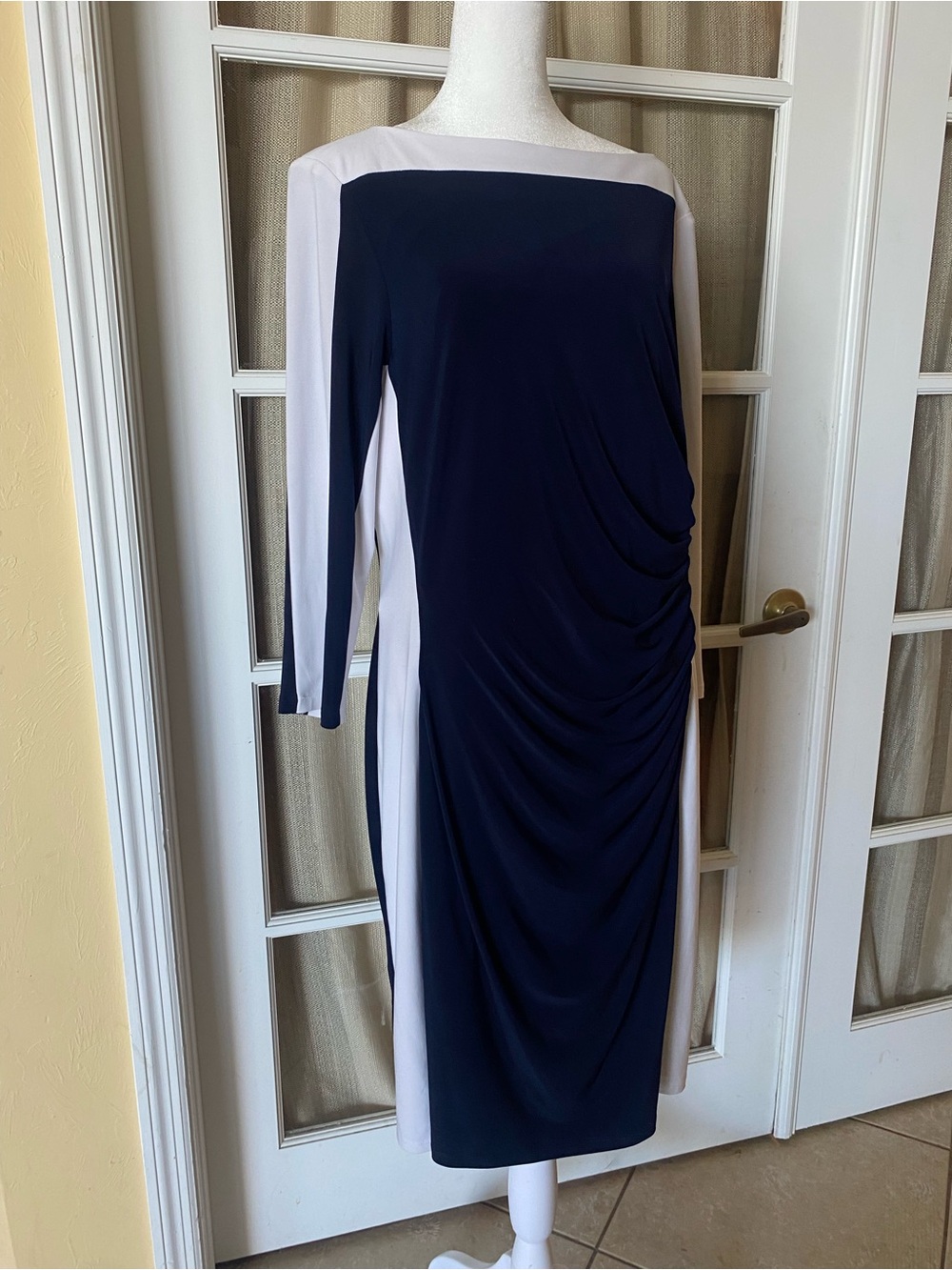 Ralph Lauren Navy and Cream Colorblock Ruched Midi Dress